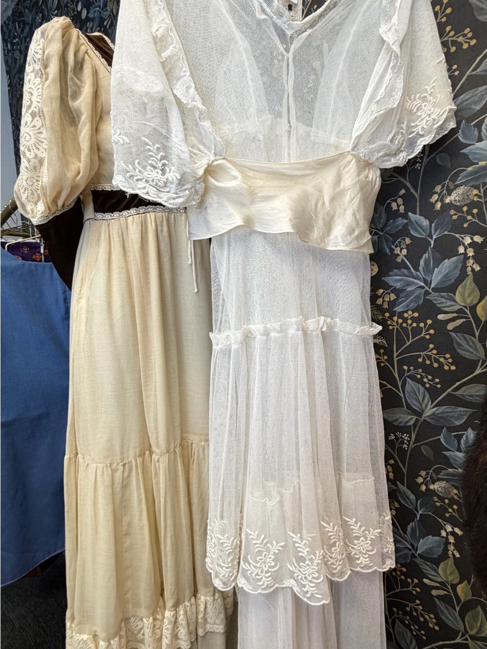 1930’s Ivory Tiered Lace Netting Wedding Gown with Satin Waist